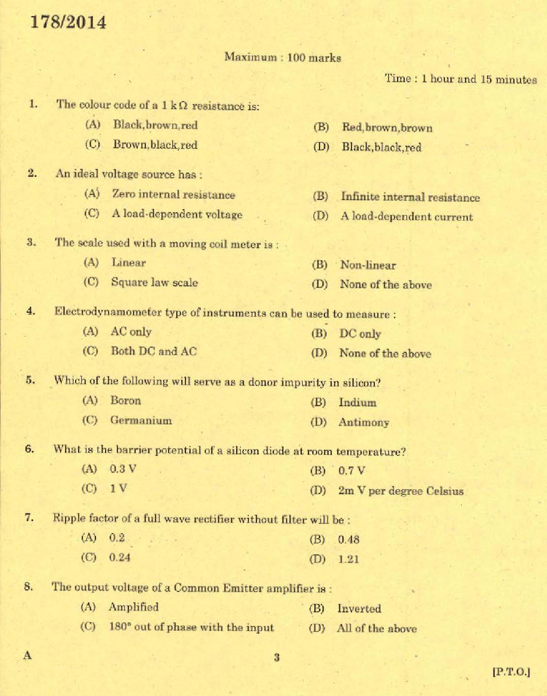 Kerala PSC Tradesman Exam Question Code 1782014 1