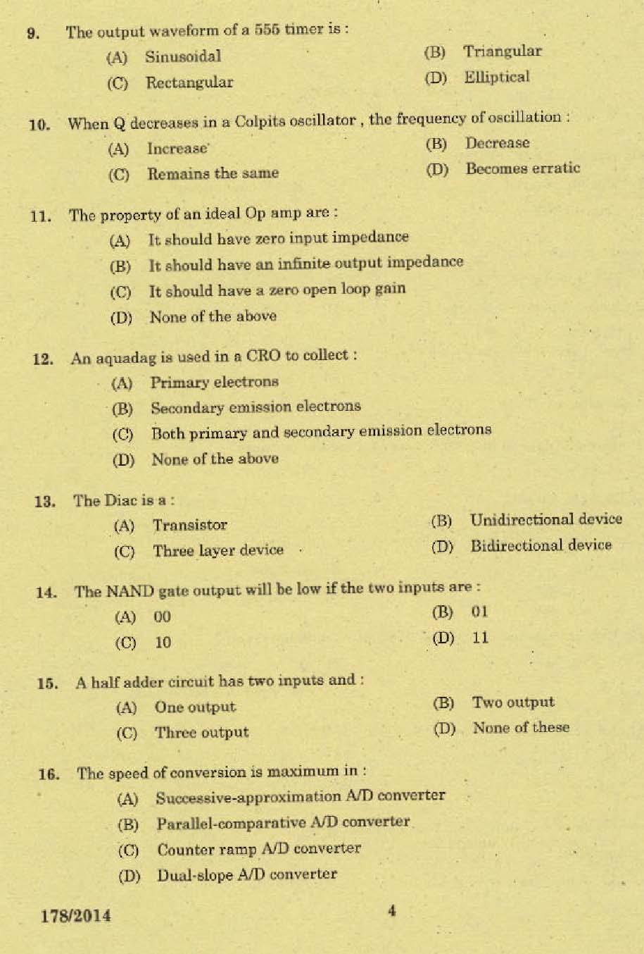 Kerala PSC Tradesman Exam Question Code 1782014 2
