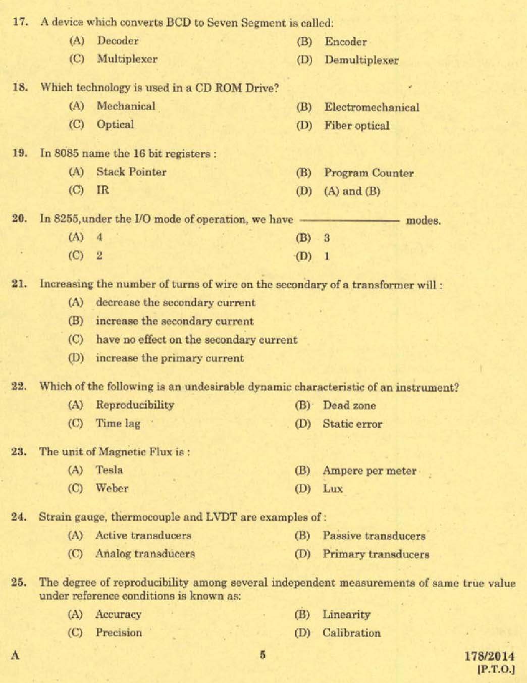 Kerala PSC Tradesman Exam Question Code 1782014 3