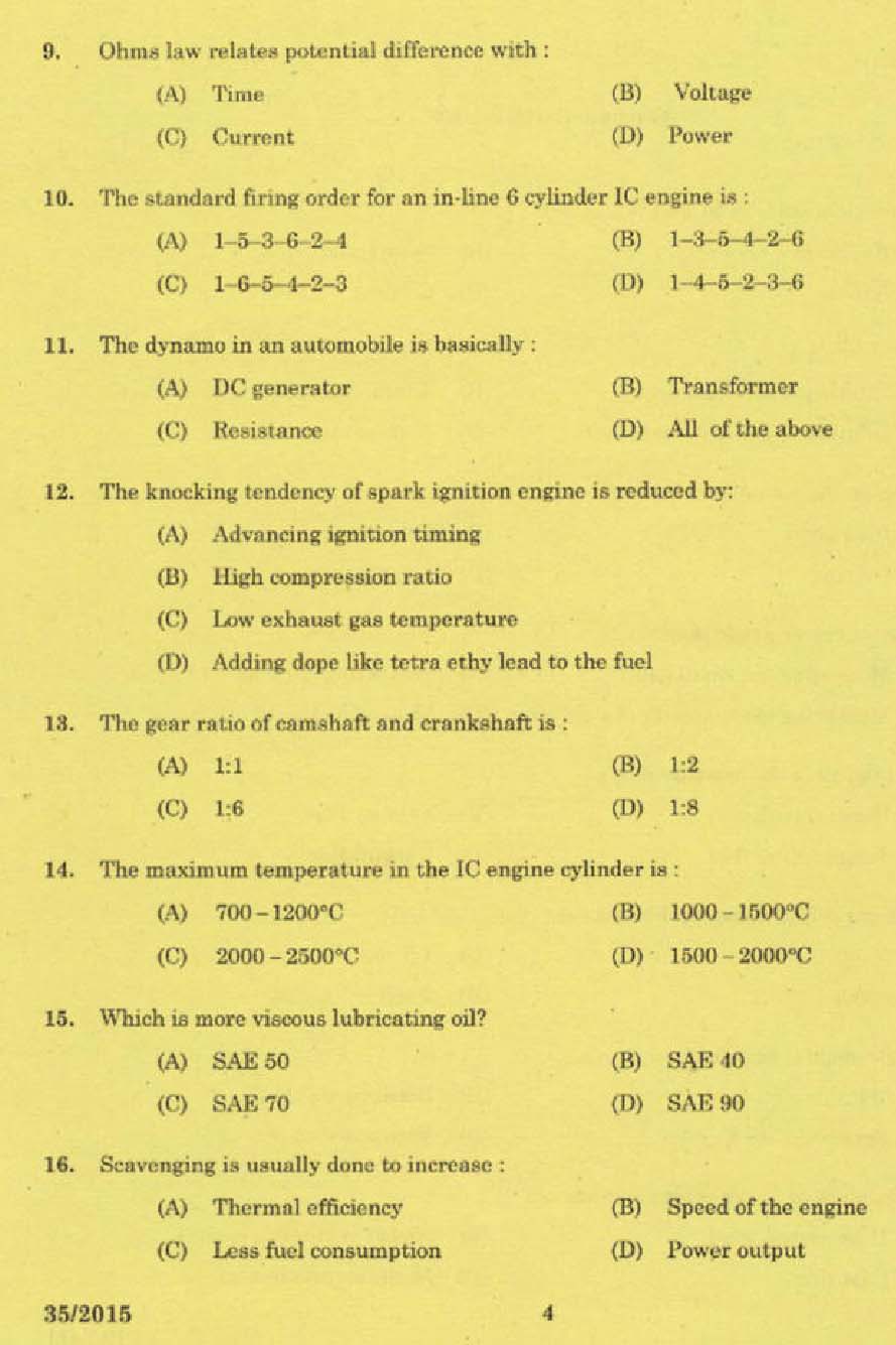 KPSC Tradesman Automobile Exam 2015 Code 352015 2