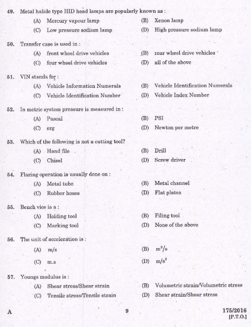 KPSC Tradesman Automobile Mechanic Exam 2016 Code 1752016 7