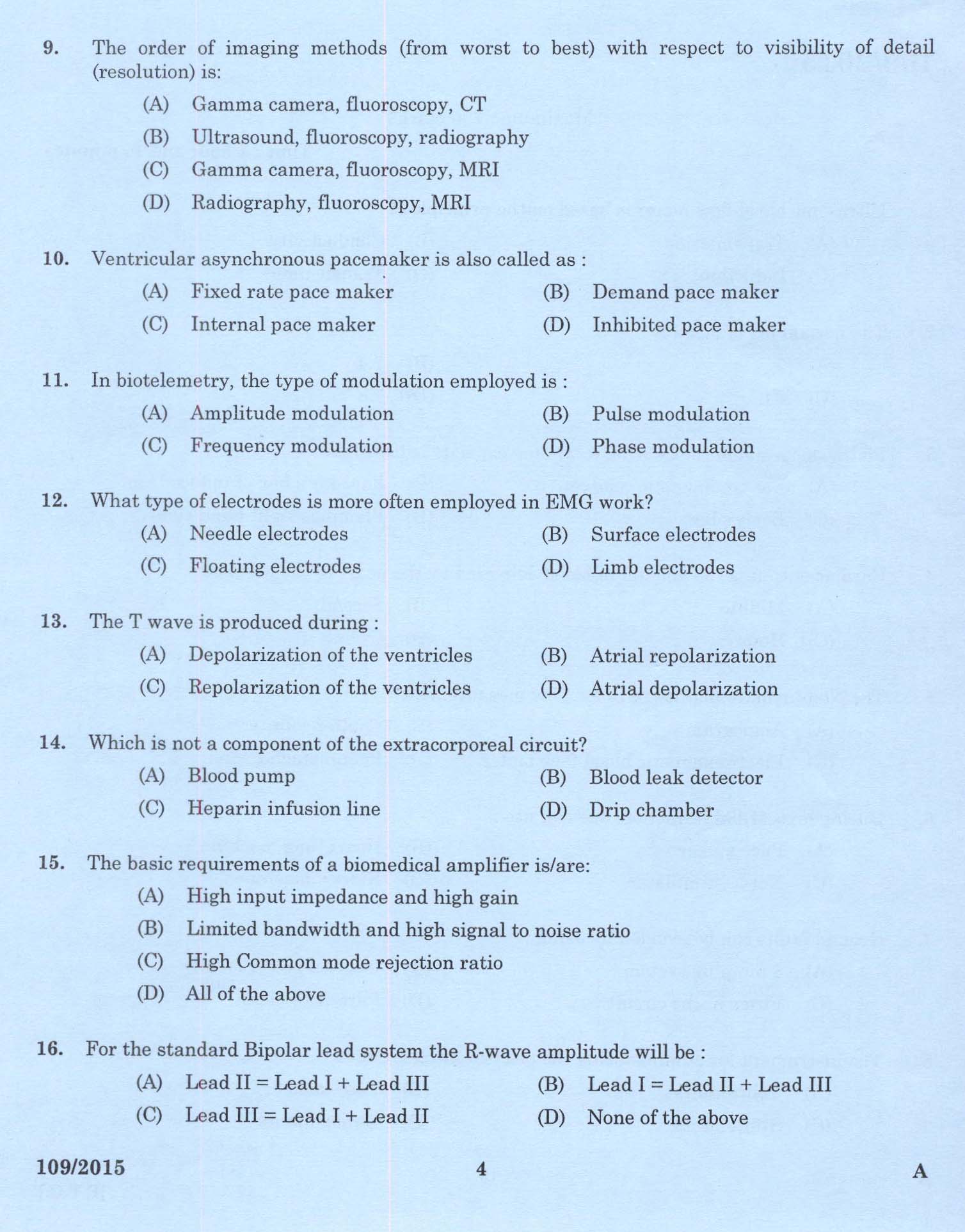KPSC Tradesman Biomedical Engineering Exam 2015 Code 1092015 2