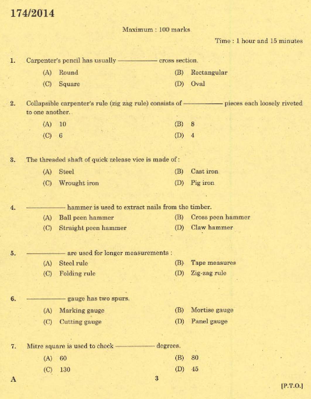 KPSC Tradesman Carpentry Exam 2014 Code 1742014 1
