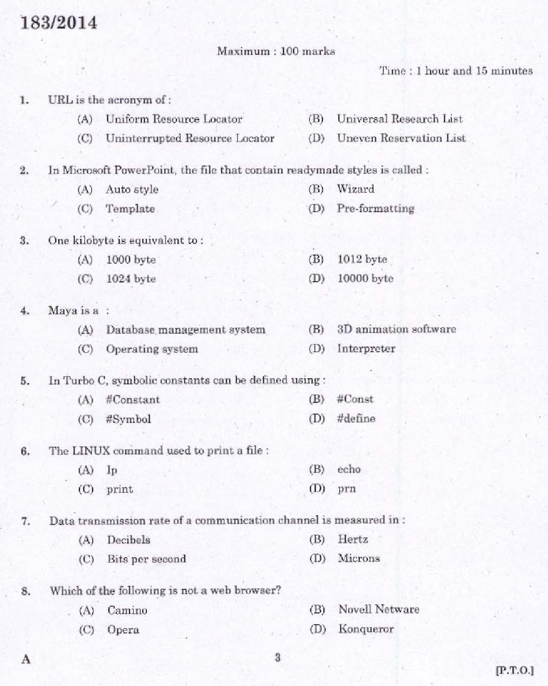 KPSC Tradesman Computer Engineering Exam 2014 Code 1832014 1