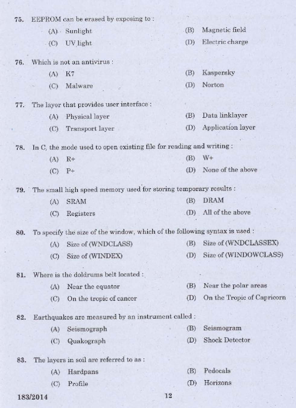 KPSC Tradesman Computer Engineering Exam 2014 Code 1832014 10