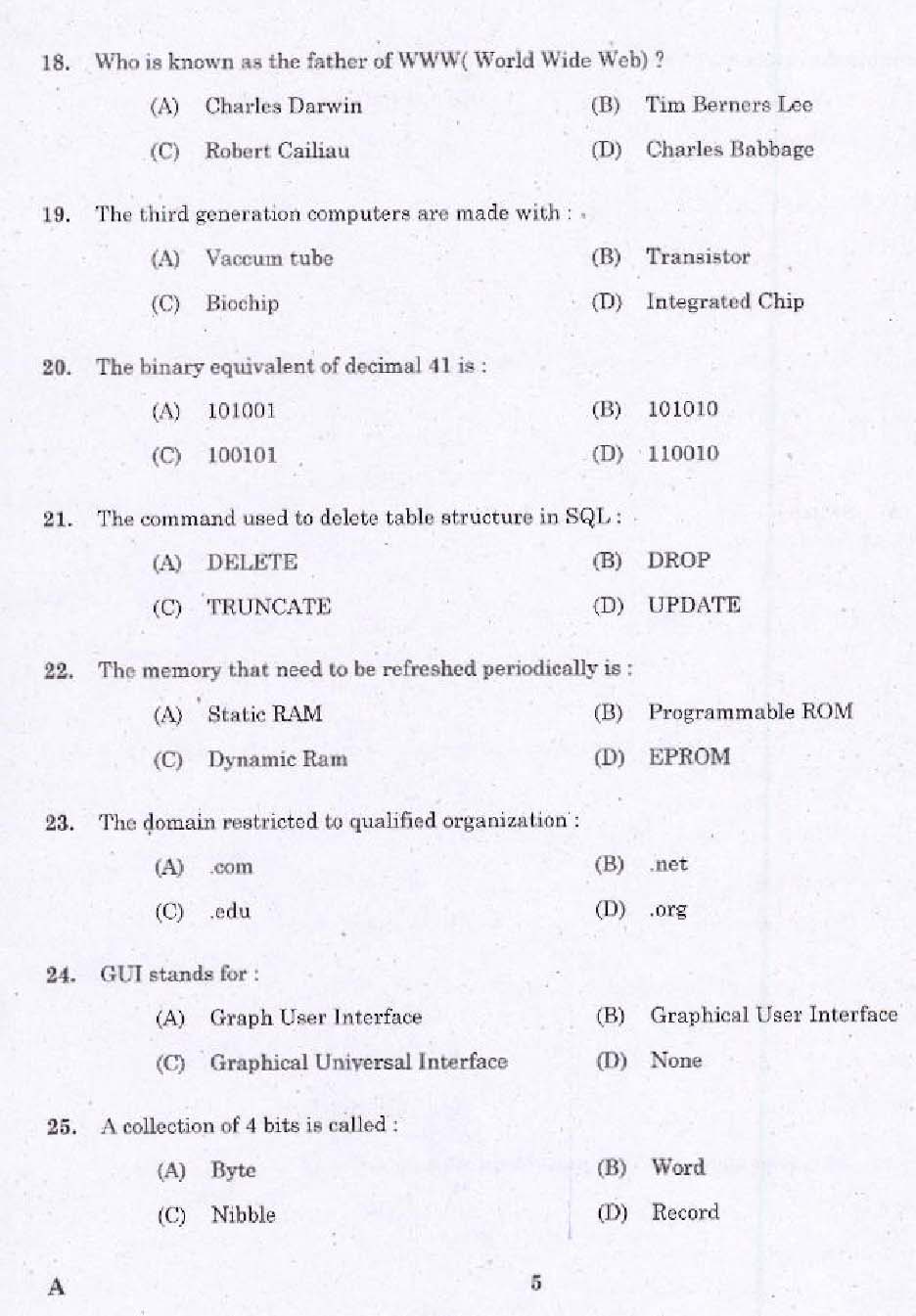 KPSC Tradesman Computer Engineering Exam 2014 Code 1832014 3