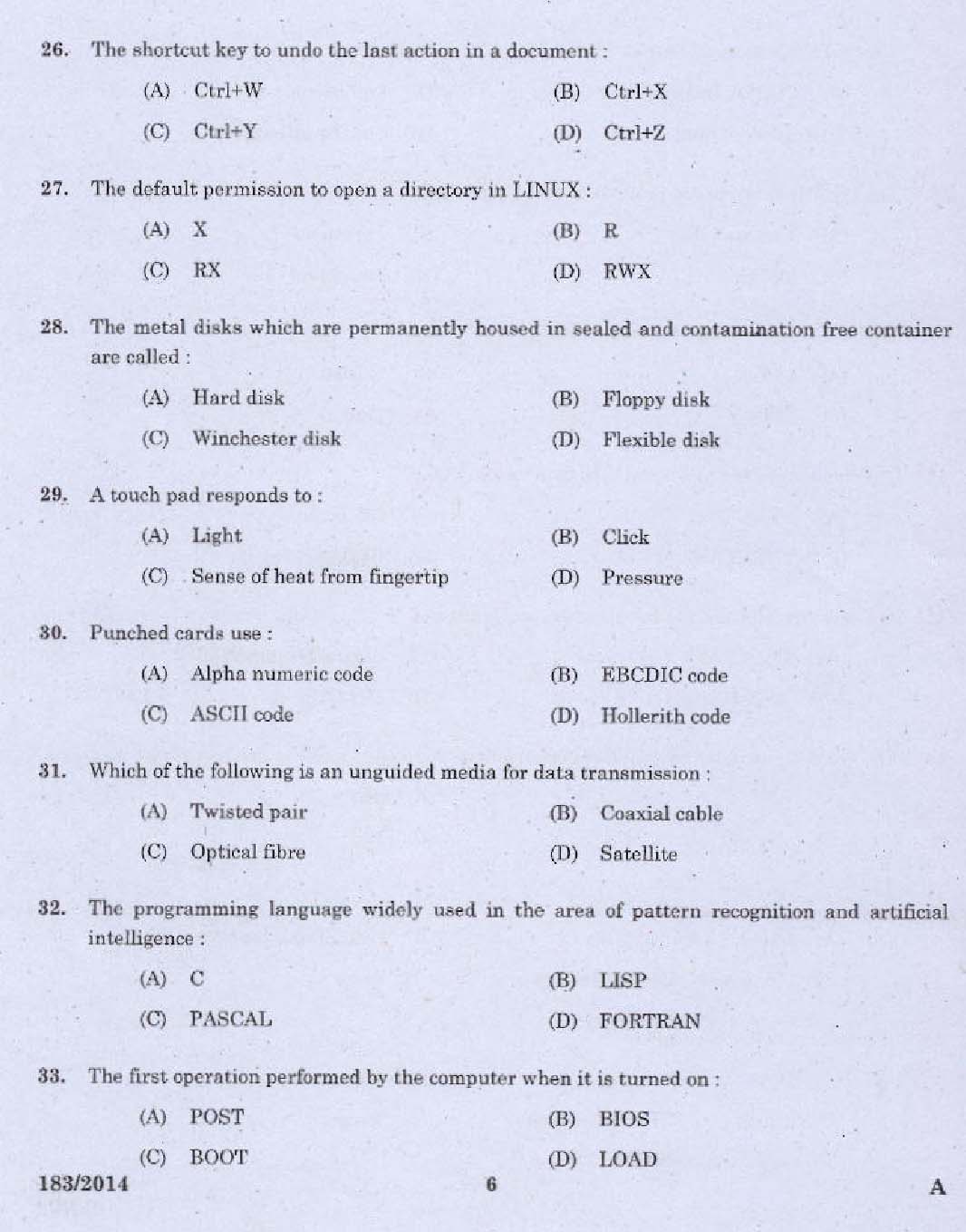 KPSC Tradesman Computer Engineering Exam 2014 Code 1832014 4