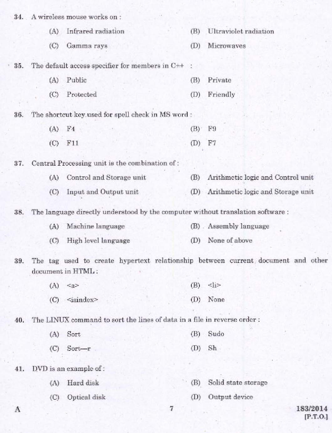 KPSC Tradesman Computer Engineering Exam 2014 Code 1832014 5