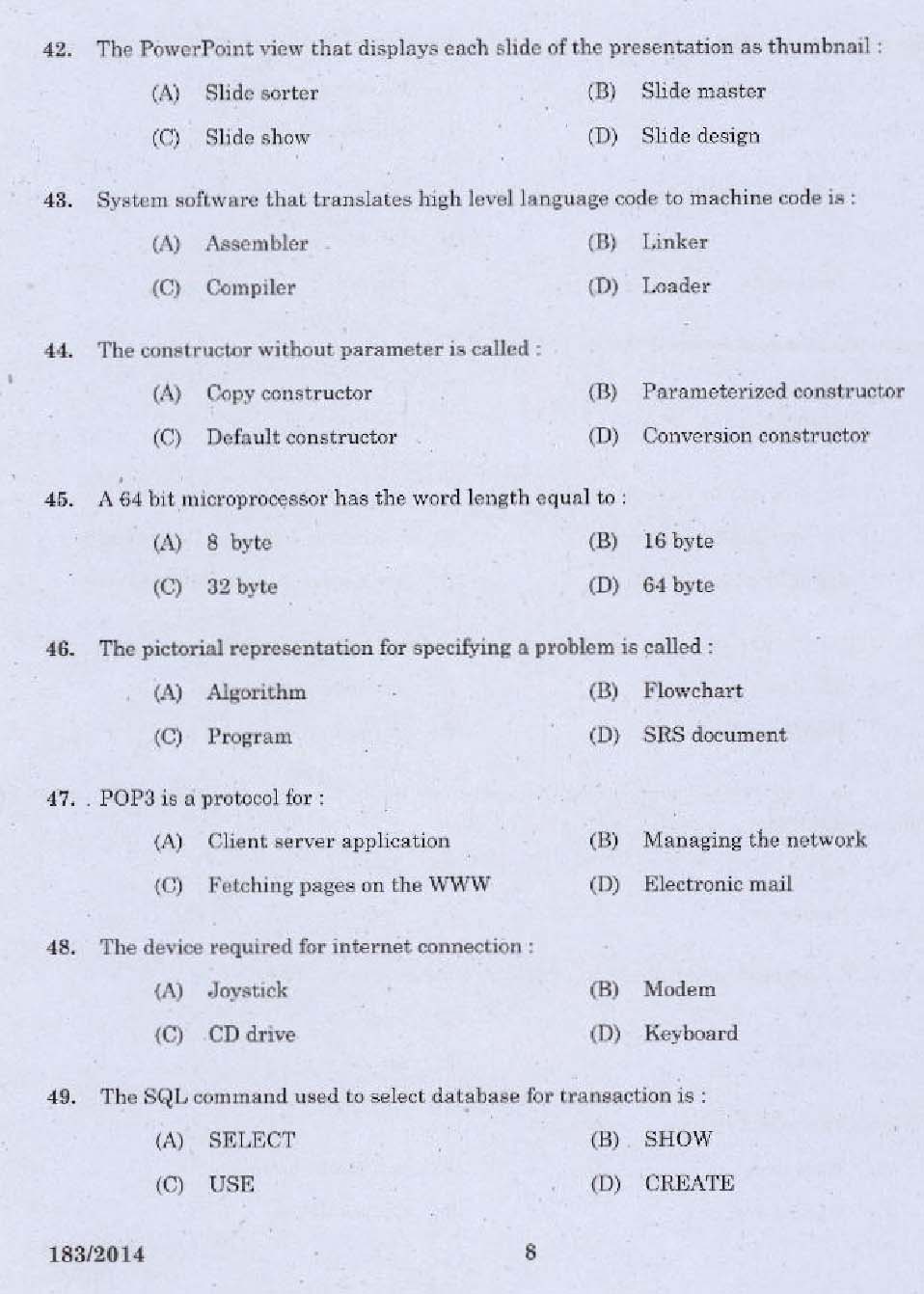 KPSC Tradesman Computer Engineering Exam 2014 Code 1832014 6
