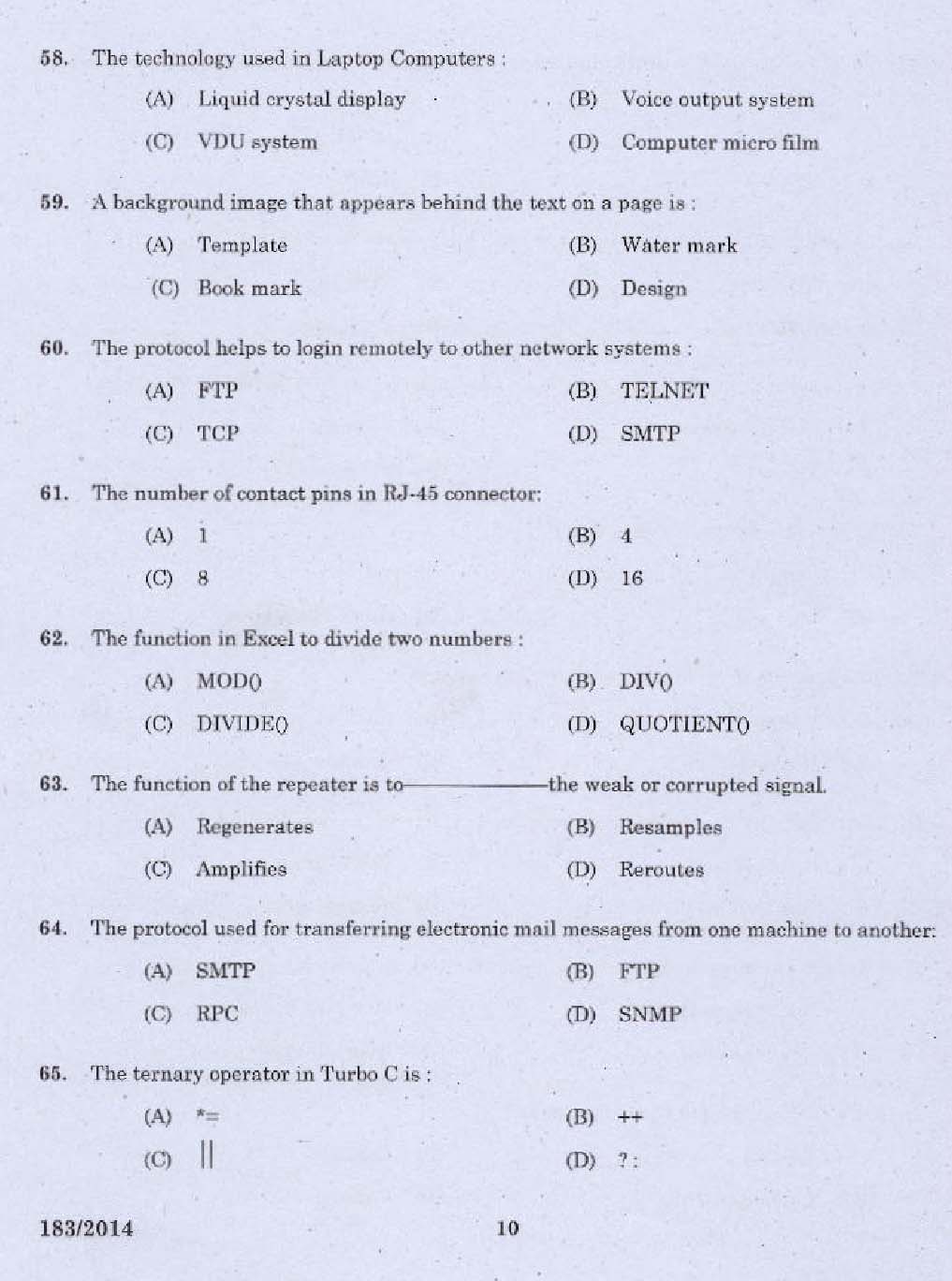 KPSC Tradesman Computer Engineering Exam 2014 Code 1832014 8