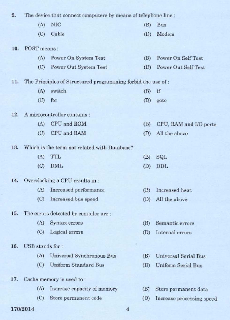 KPSC Tradesman Computer Hardware Maintenance Exam 2014 Code 1702014 2