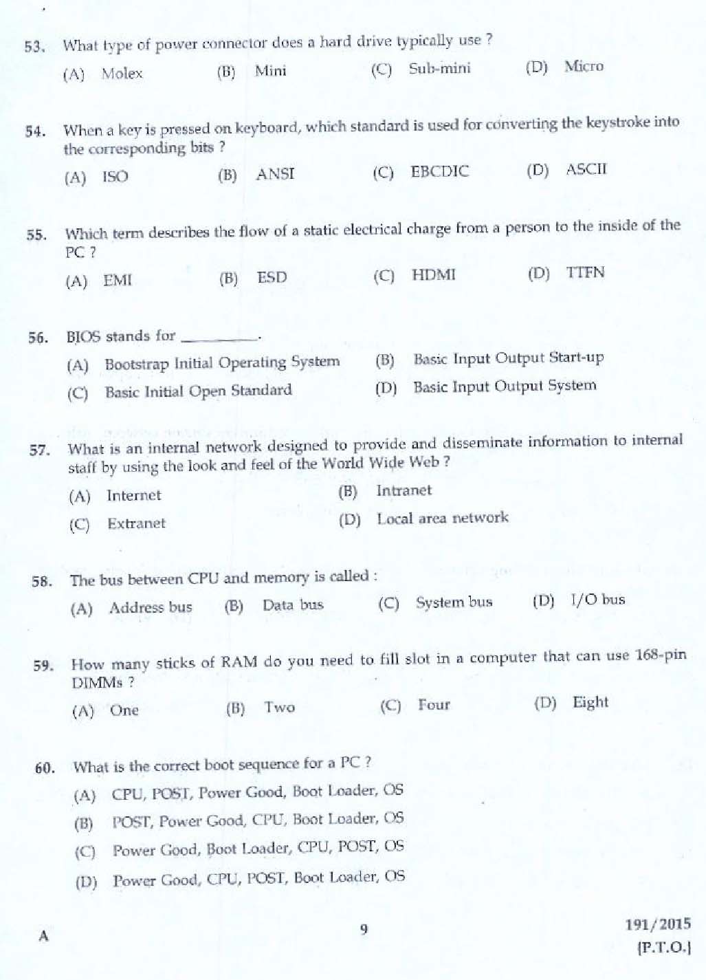 KPSC Tradesman Computer Hardware Maintenance Exam 2015 Code 1912015 5