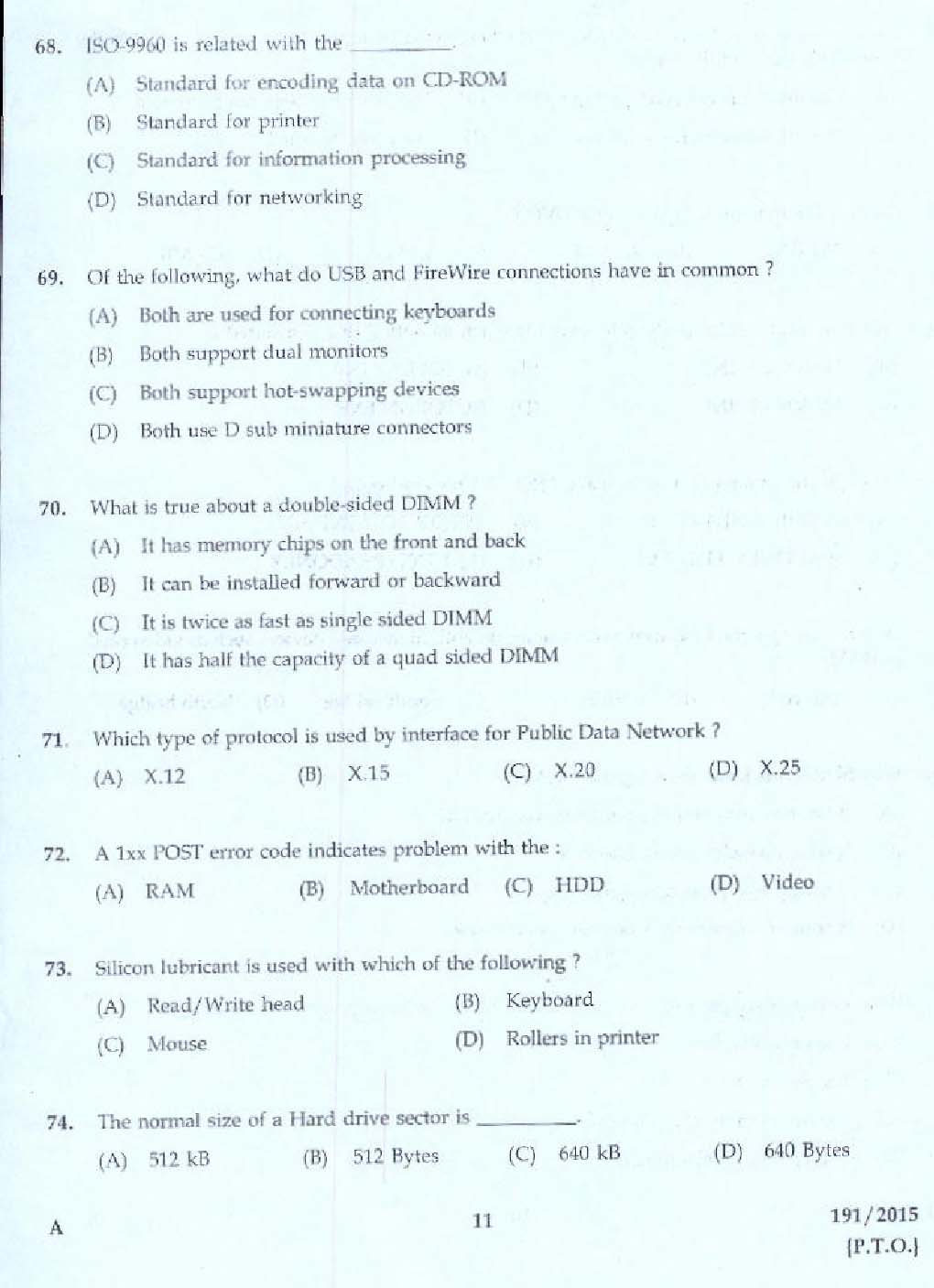 KPSC Tradesman Computer Hardware Maintenance Exam 2015 Code 1912015 7