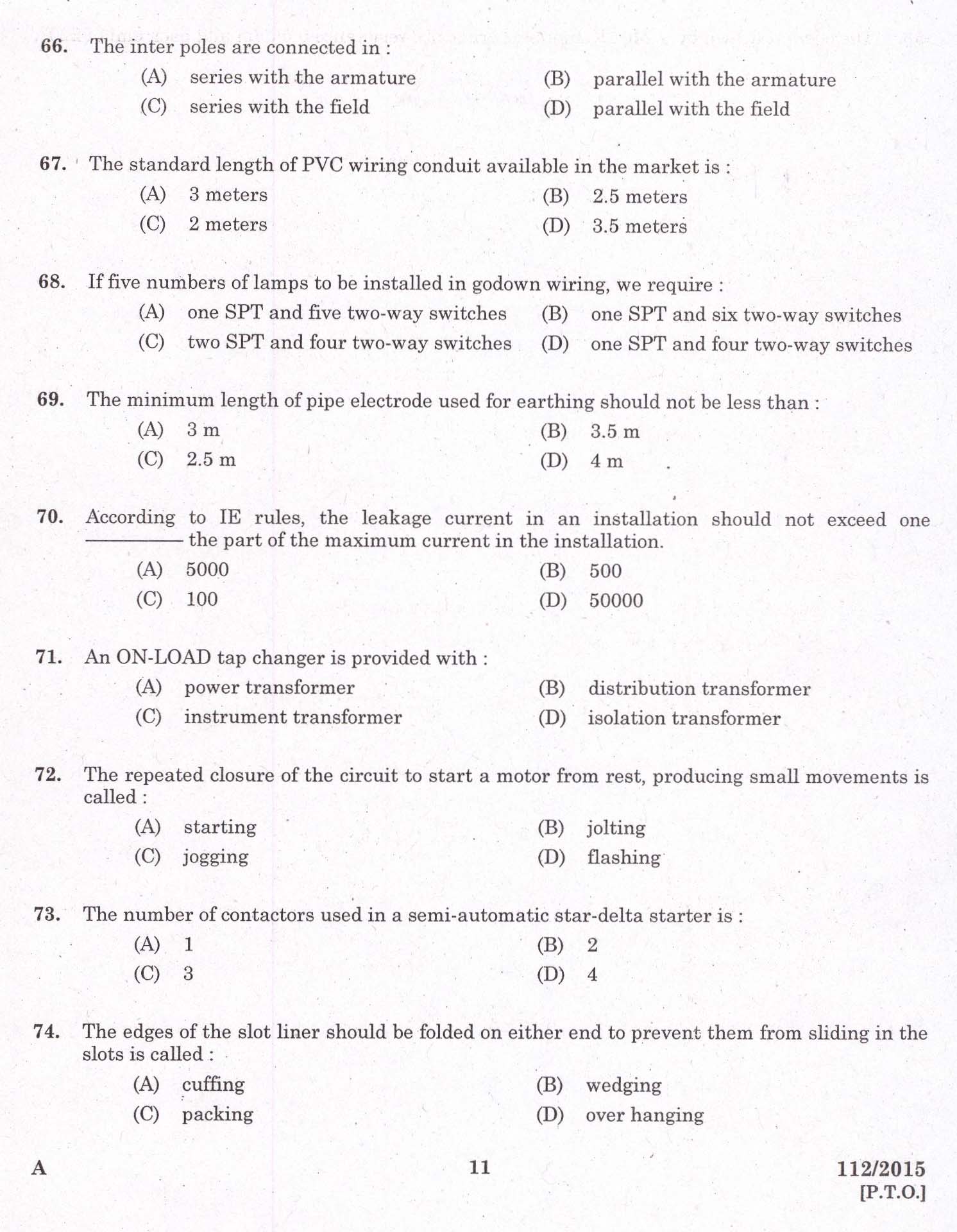 KPSC Tradesman Electrical Exam 2015 Code 1122015 9