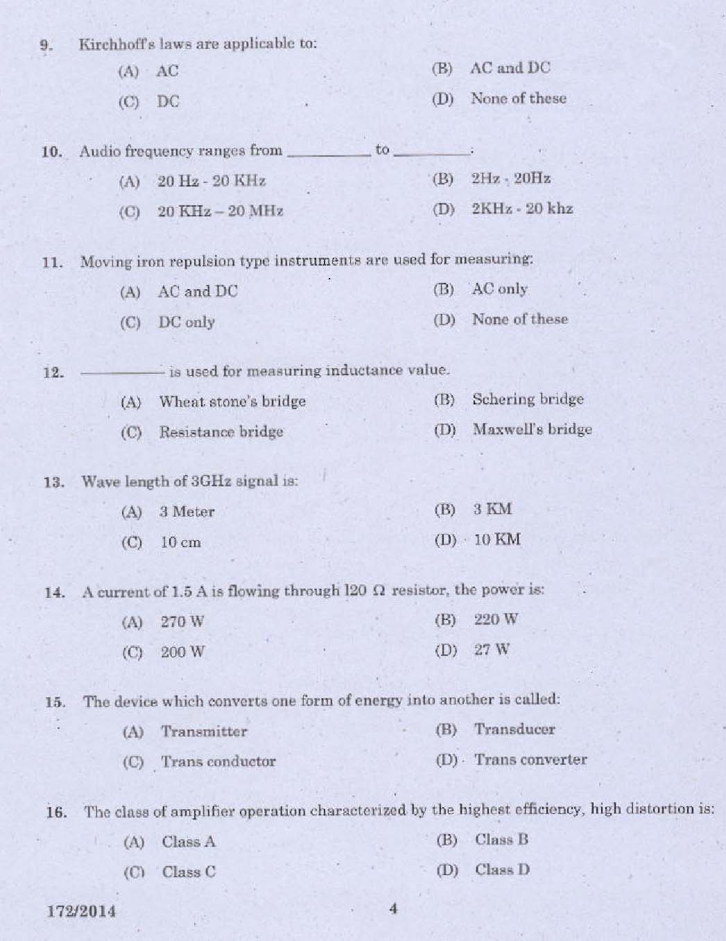 KPSC Tradesman Electronics Exam 2014 Code 1722014 2