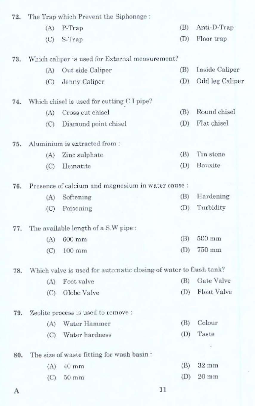 KPSC Tradesman Plumbing Exam 2014 Code 1752014 9