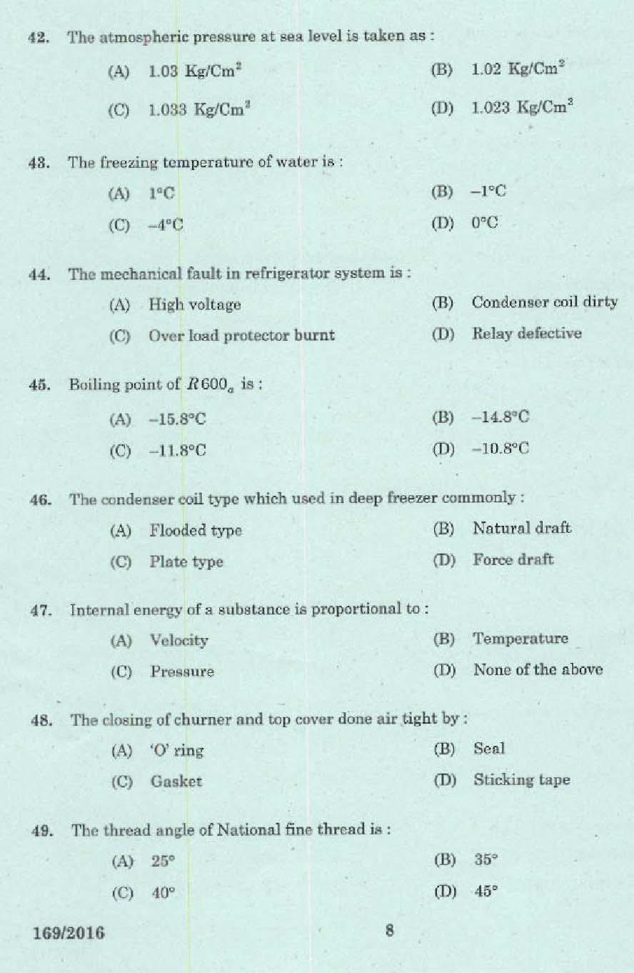 KPSC Tradesman Refrigeration and Air Conditioning Exam 2016 Code 1692016 6