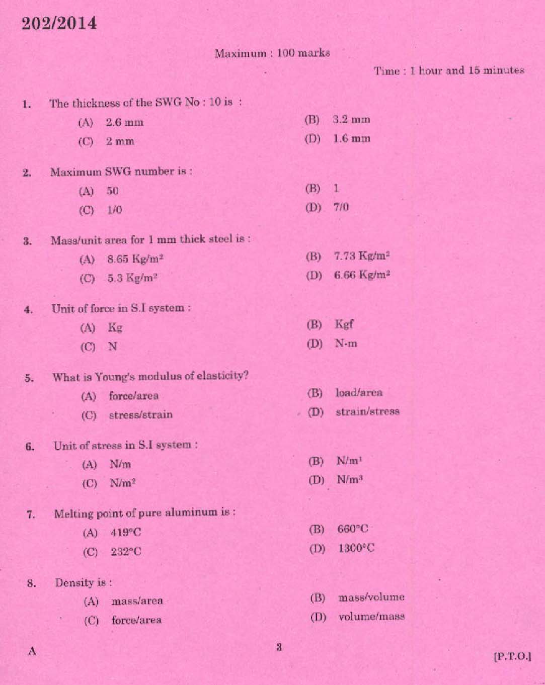 KPSC Tradesman Sheet Metal Exam 2014 Code 2022014 1