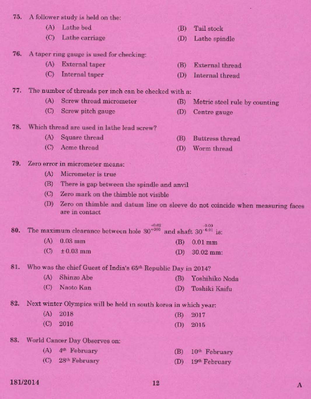 KPSC Tradesman Turning Exam 2014 Code 1812014 10