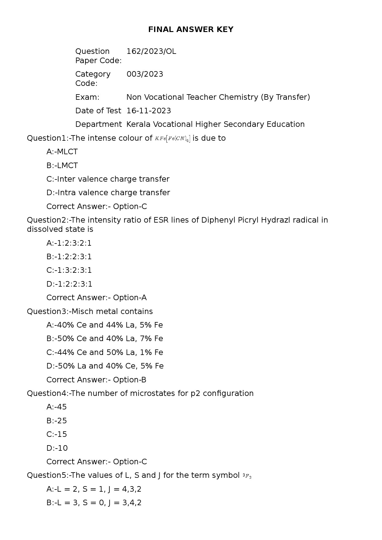 KPSC Non Vocational Teacher Chemistry Exam 2023 Code 1622023OL 1