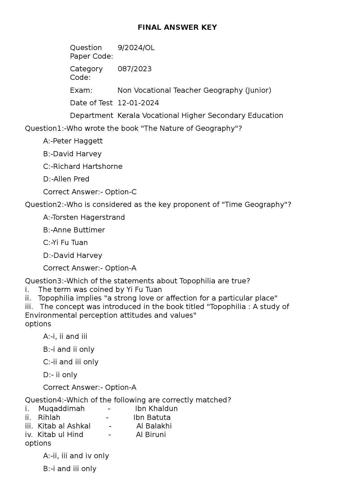 KPSC Non Vocational Teacher Geography Exam 2024 Code 92024OL 1