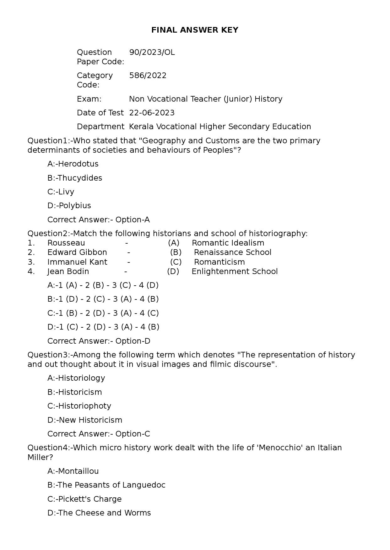 KPSC Non Vocational Teacher Junior History Exam 2023 Code 902023OL 1