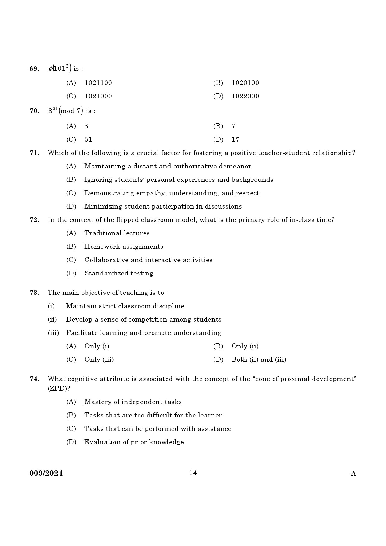 KPSC Non Vocational Teacher Mathematics Exam 2024 Code 0092024 12