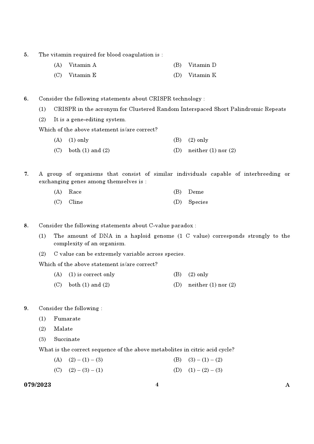 KPSC Non Vocational Teacher Senior Biology Exam 2023 Code 0792023 2
