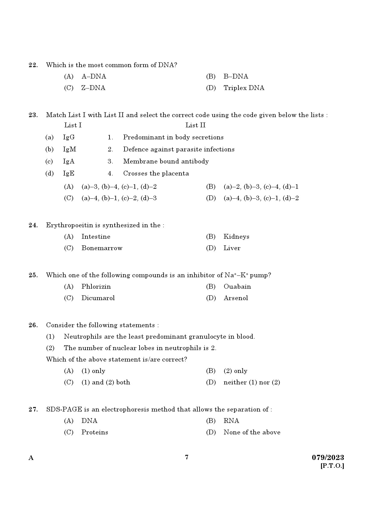 KPSC Non Vocational Teacher Senior Biology Exam 2023 Code 0792023 5
