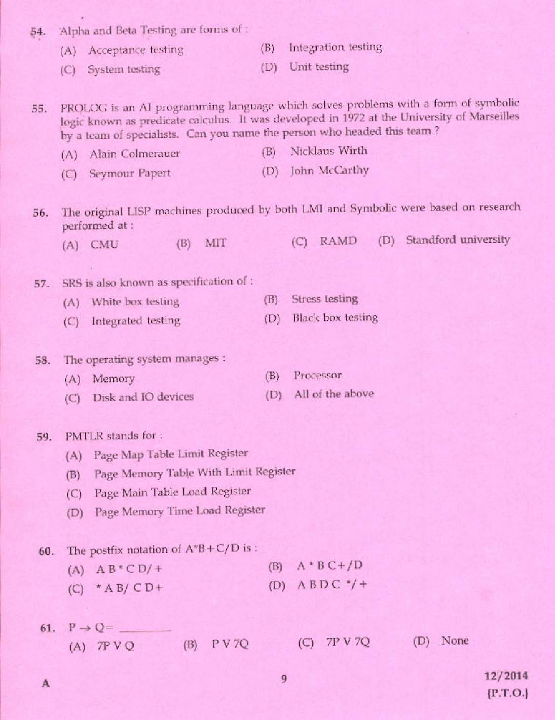 KPSC Vocational Teacher Exam 2014 Code 122014 7