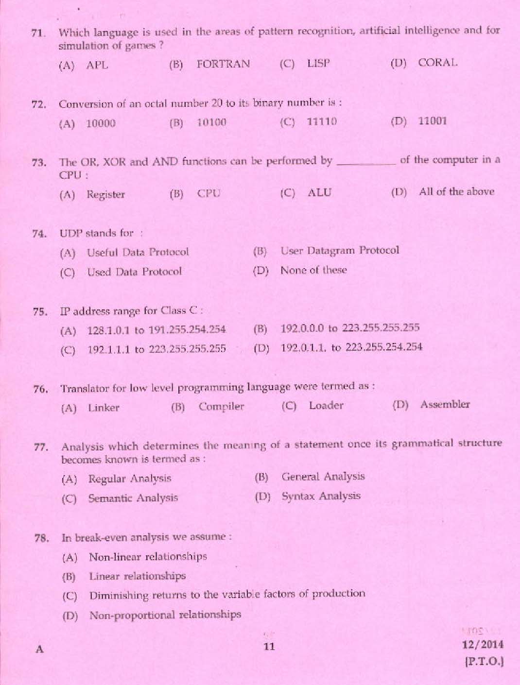 KPSC Vocational Teacher Exam 2014 Code 122014 9