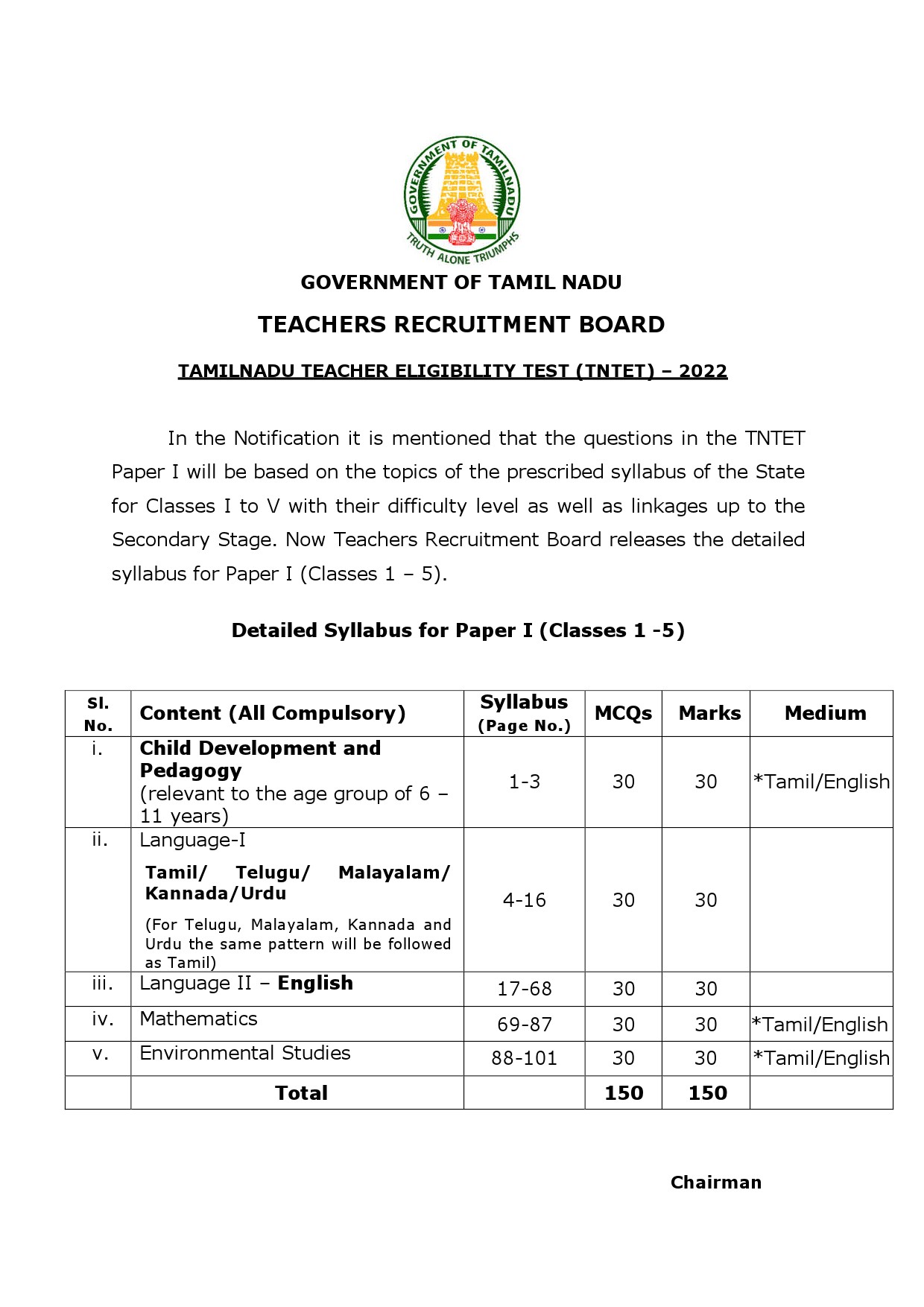 Tamilnadu Teacher Eligibility Test 2022 Paper I Syllabus 1