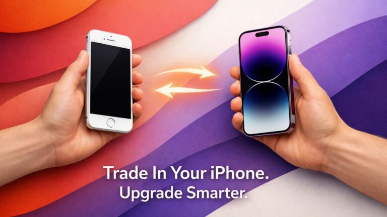 Trade in iPhone for iPhone concept showing hands exchanging old and new smartphones on colourful abstract background